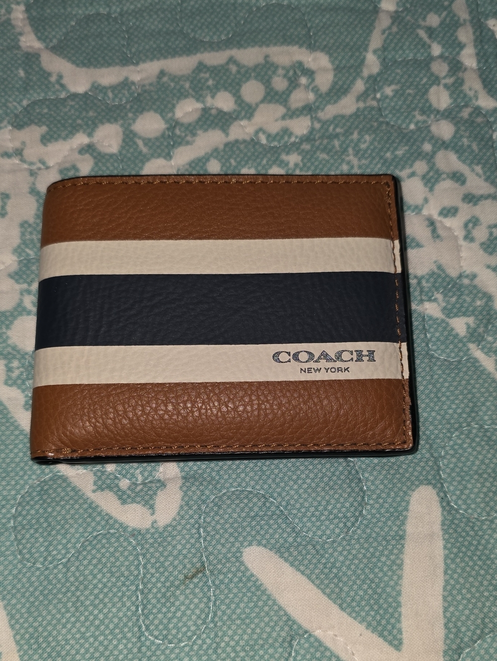 COACH Men's Bi-Fold Wallet in Brown with Navy & White Stripes